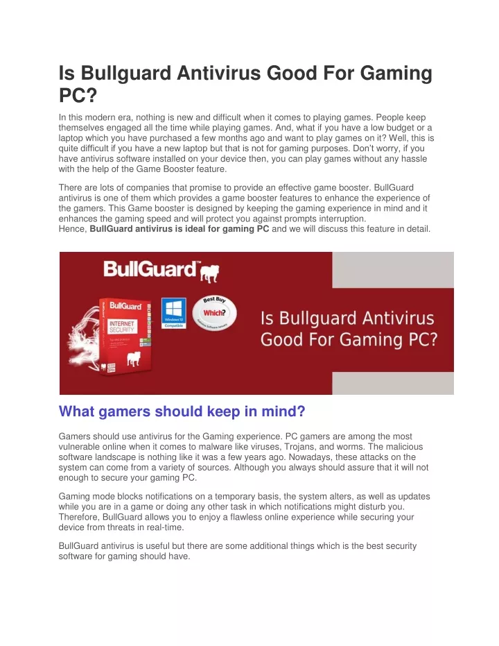 is bullguard antivirus good for gaming pc