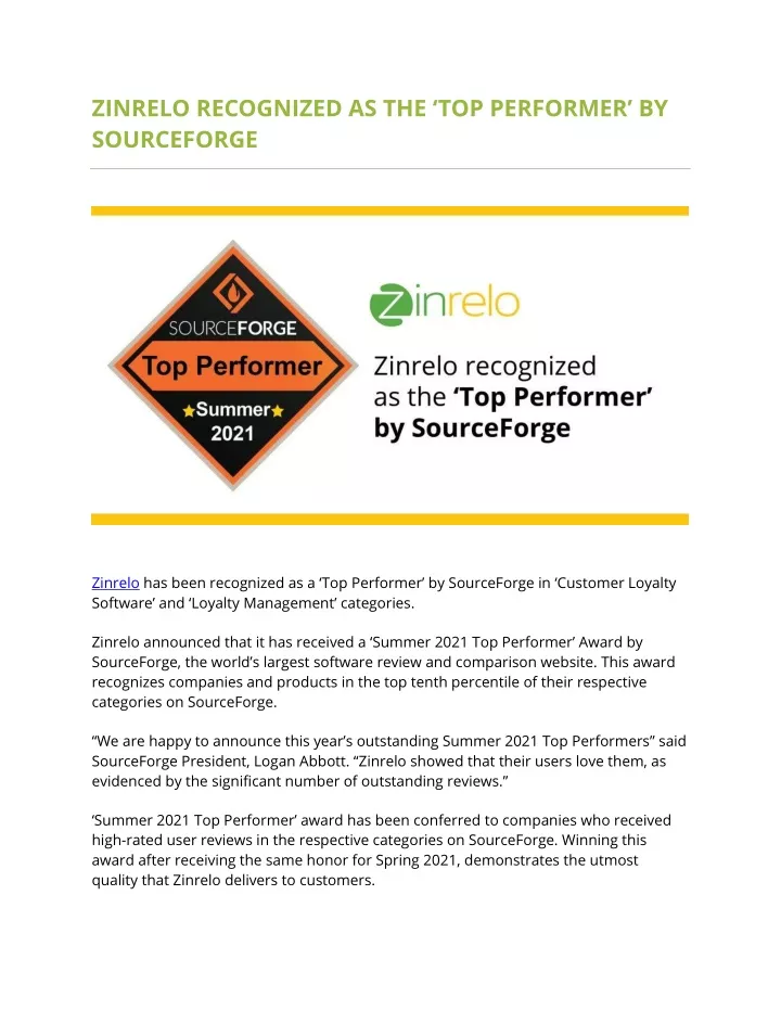 zinrelo recognized as the top performer