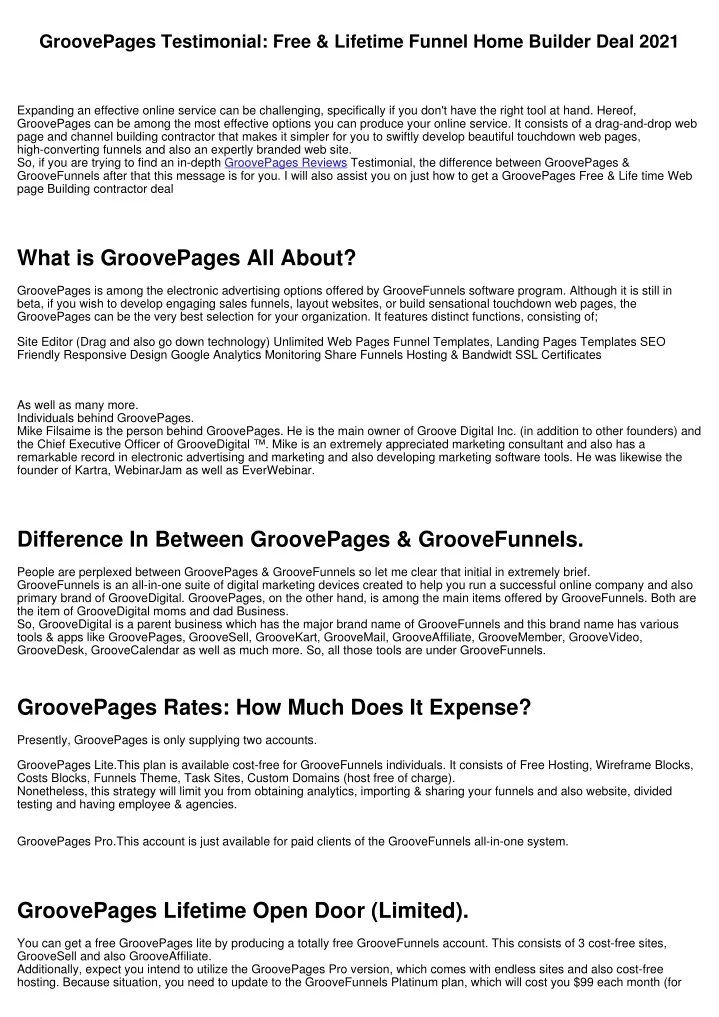 groovepages testimonial free lifetime funnel home
