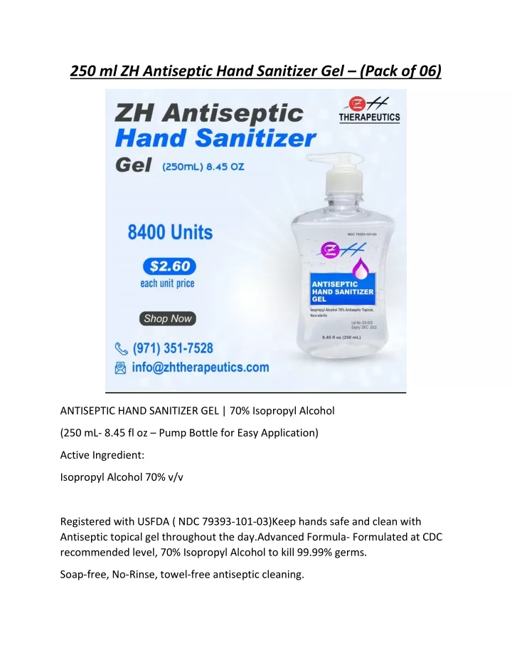 250 ml zh antiseptic hand sanitizer gel pack of 06