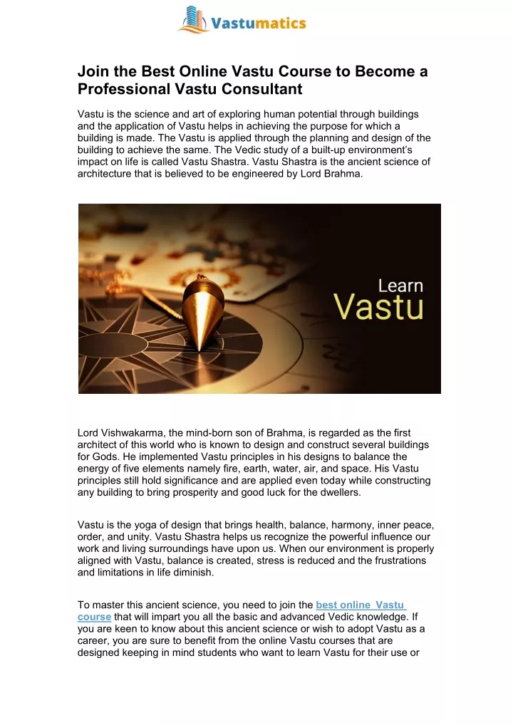 join the best online vastu course to become