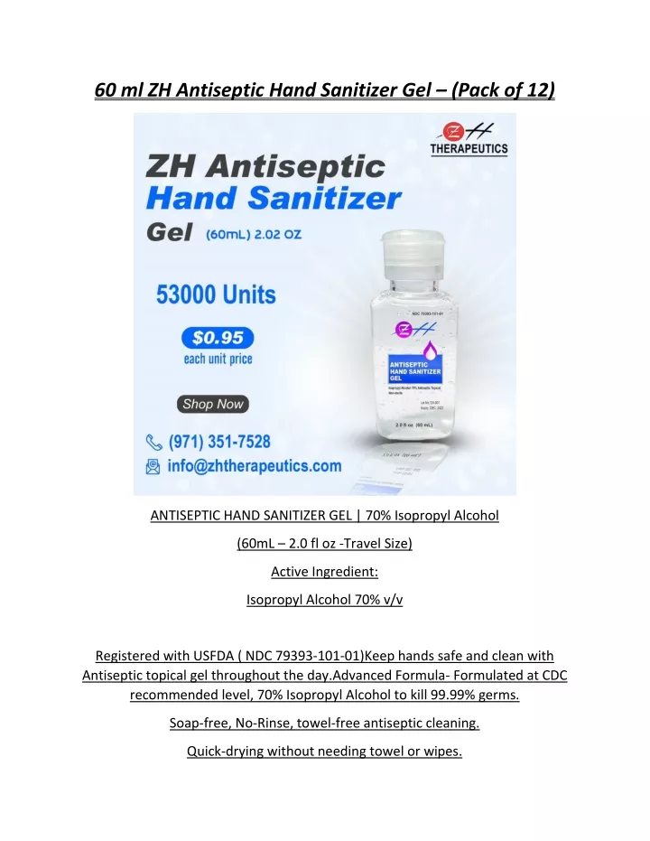 60 ml zh antiseptic hand sanitizer gel pack of 12