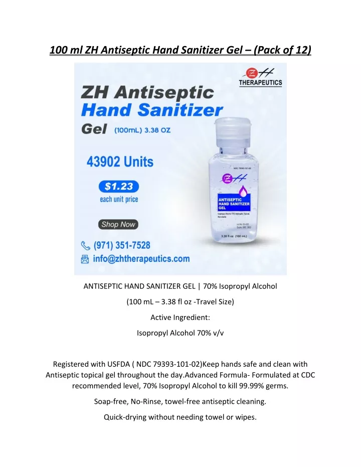 100 ml zh antiseptic hand sanitizer gel pack of 12