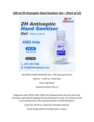 100 ml ZH Antiseptic Hand Sanitizer Gel pack of 12