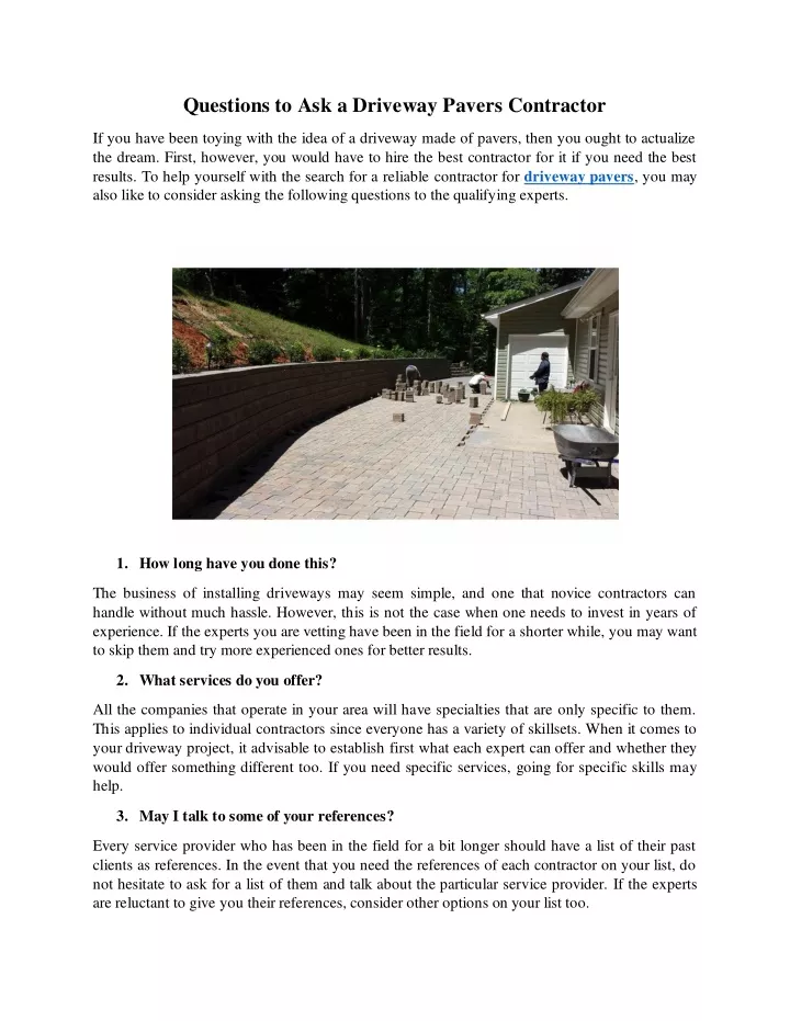 questions to ask a driveway pavers contractor