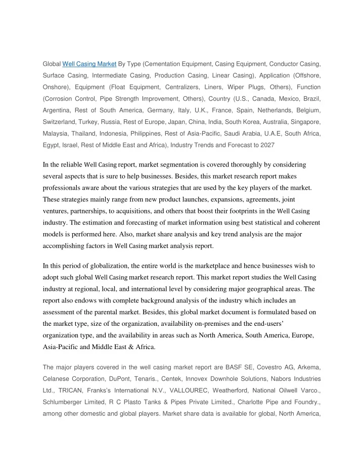 global well casing market by type cementation