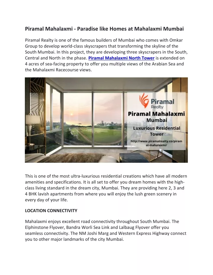 piramal mahalaxmi paradise like homes