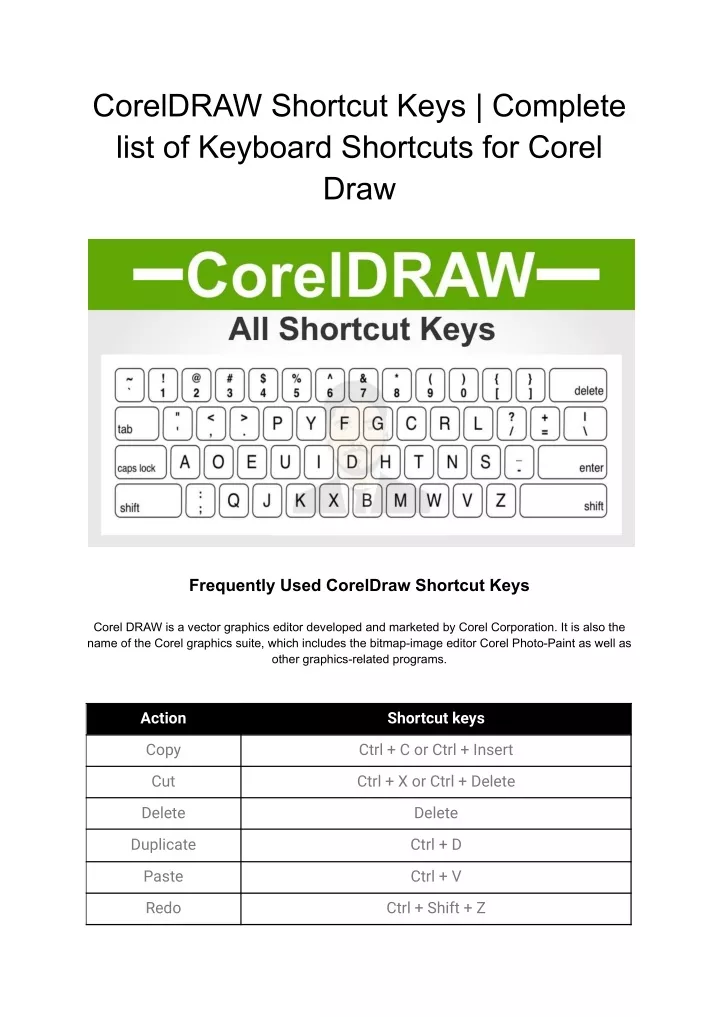 coreldraw shortcut keys complete list of keyboard