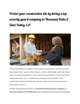 Protect your construction site by hiring a top security guard company in Thousand Oaks & Simi Valley, CA