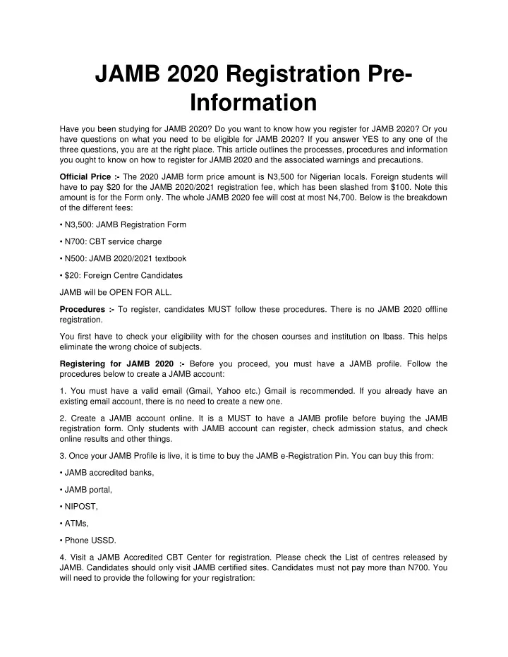 jamb 2020 registration pre information