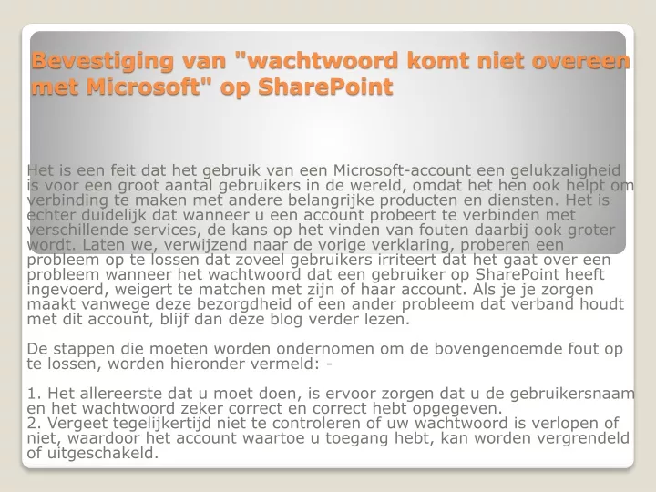 bevestiging van wachtwoord komt niet overeen met microsoft op sharepoint