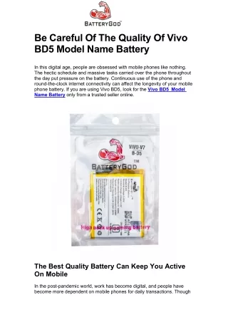 Be Careful Of The Quality Of Vivo BD5 Model Name Battery
