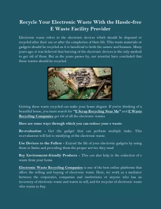 Recycle Your Electronic Waste With the Hassle-free E Waste Facility Provider
