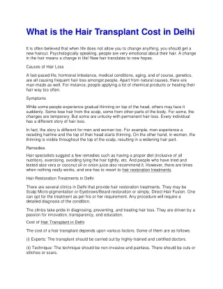 Hair Transplant Cost in Delhi