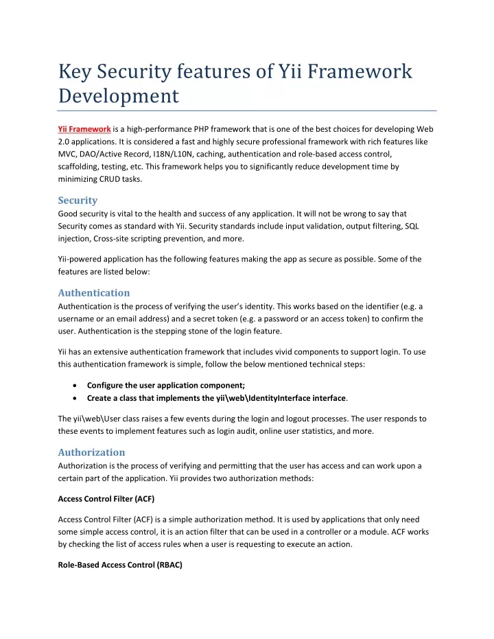 key security features of yii framework development