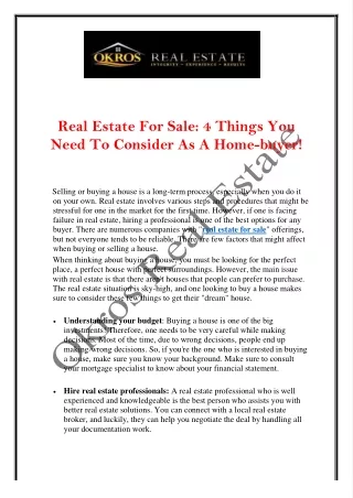 Real Estate For Sale - Things To Consider As A Home Buyer