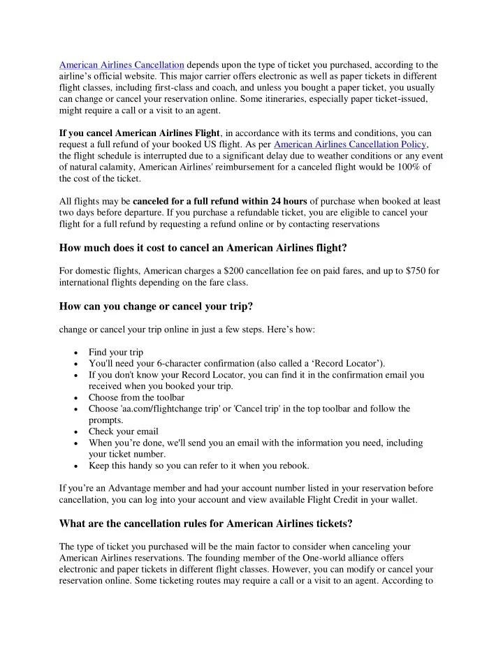 american airlines cancellation depends upon