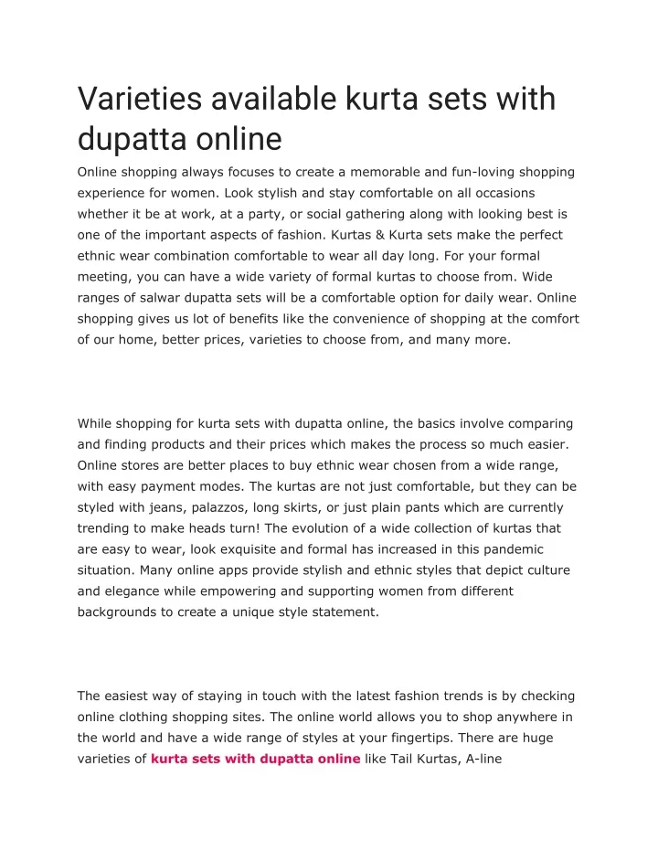 varieties available kurta sets with dupatta online