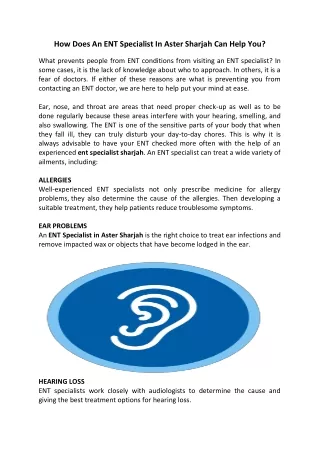 How Does An ENT Specialist In Aster Sharjah Can Help You