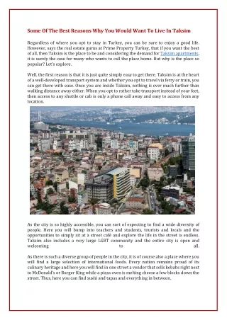 Some Of The Best Reasons Why You Would Want To Live In Taksim