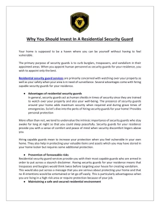 Why You Should Invest In A Residential Security Guard
