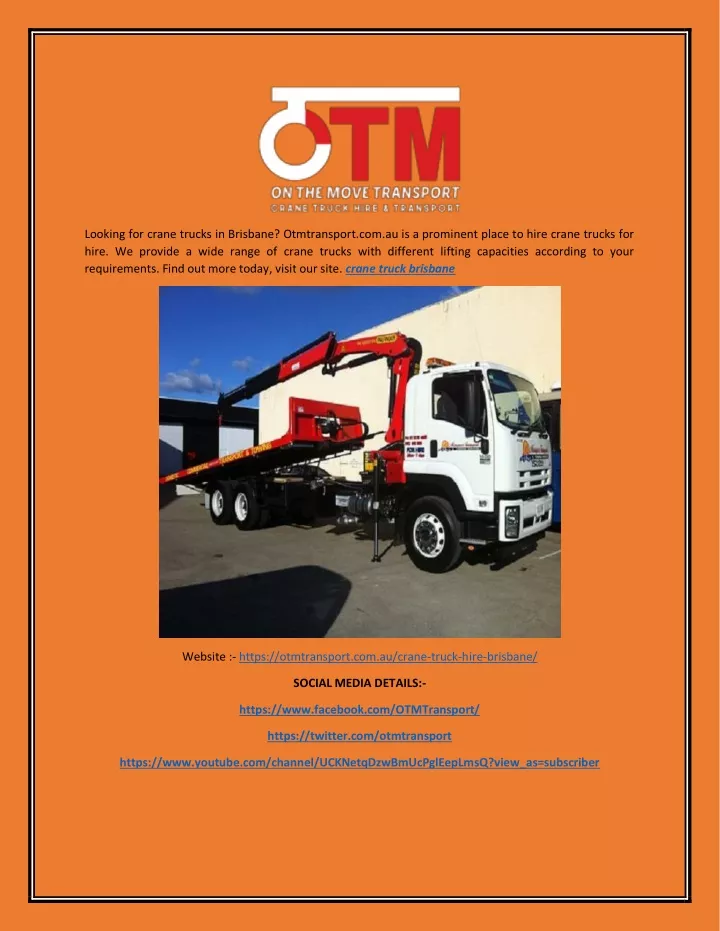 looking for crane trucks in brisbane otmtransport