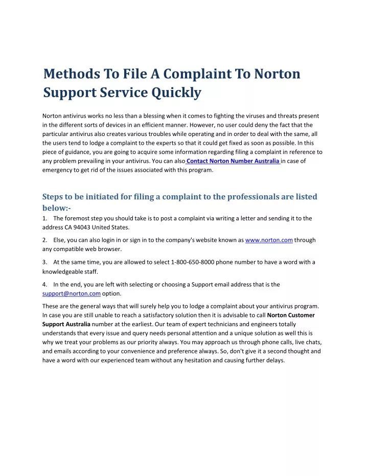 methods to file a complaint to norton support