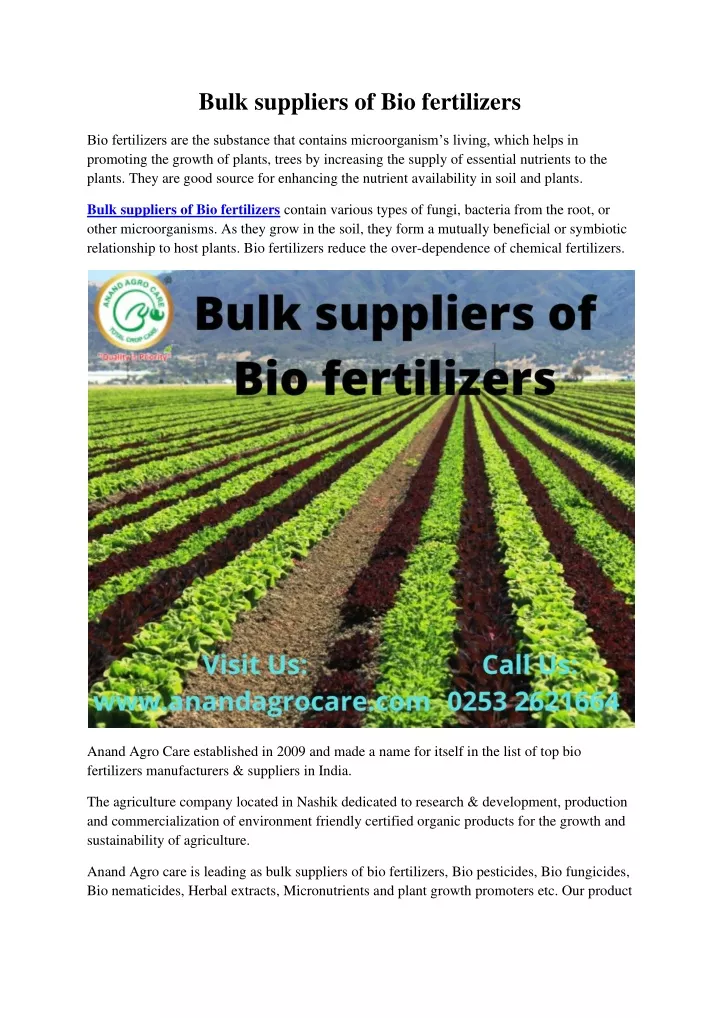 bulk suppliers of bio fertilizers