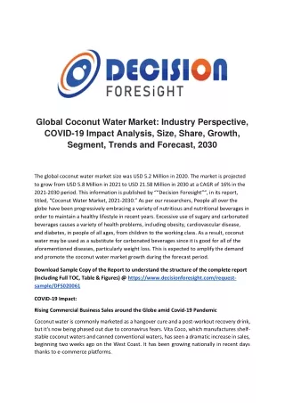 Coconut Water Market 2020 Global Analysis, Trends, Forecast up to 2030