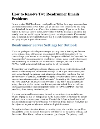 TWC Roadrunner Email Problems - Roadrunner Server Settings For Outlook