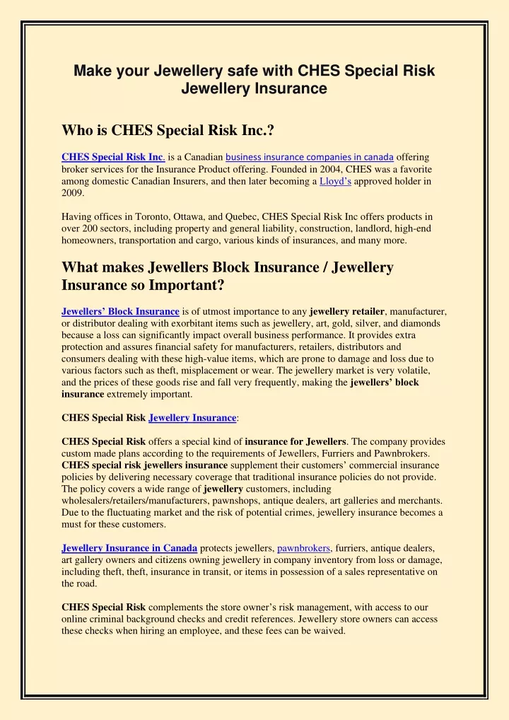 make your jewellery safe with ches special risk