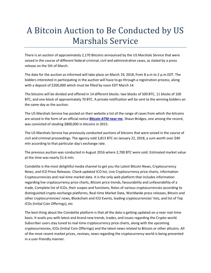 a bitcoin auction to be conducted by us marshals