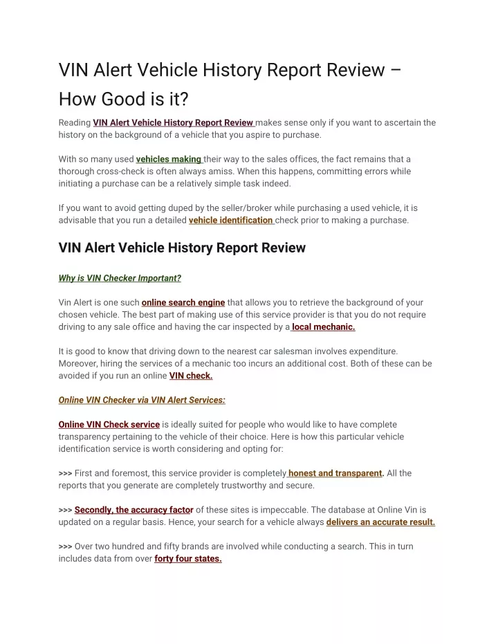 vin alert vehicle history report review how good