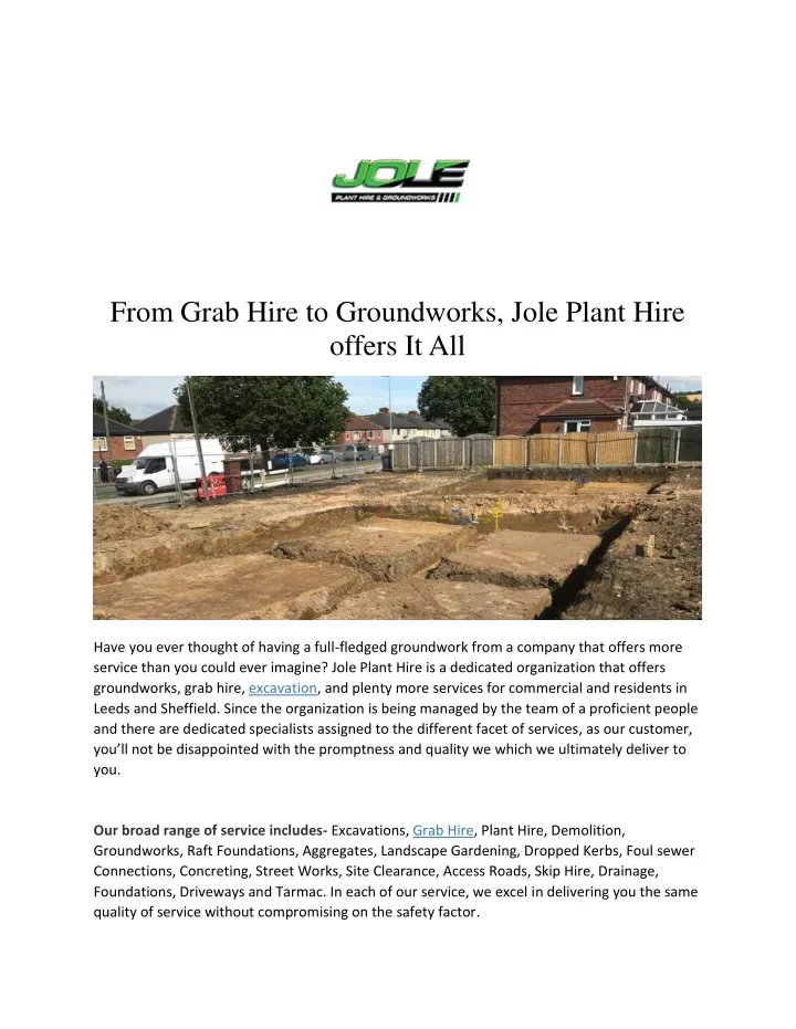 from grab hire to groundworks jole plant hire