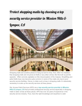 Protect shopping malls by choosing a top security service provider in Mission Hills & Lompoc, CA