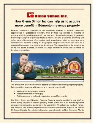 How Glenn Simon Inc can help us to acquire more benefit in Edmonton revenue property