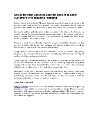 Sanjay Mewalall assesses contract choices to assist customers with acquiring financing