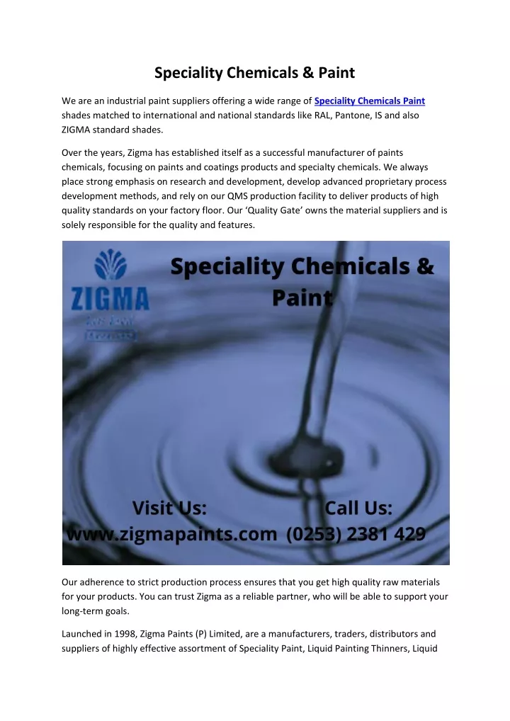 speciality chemicals paint