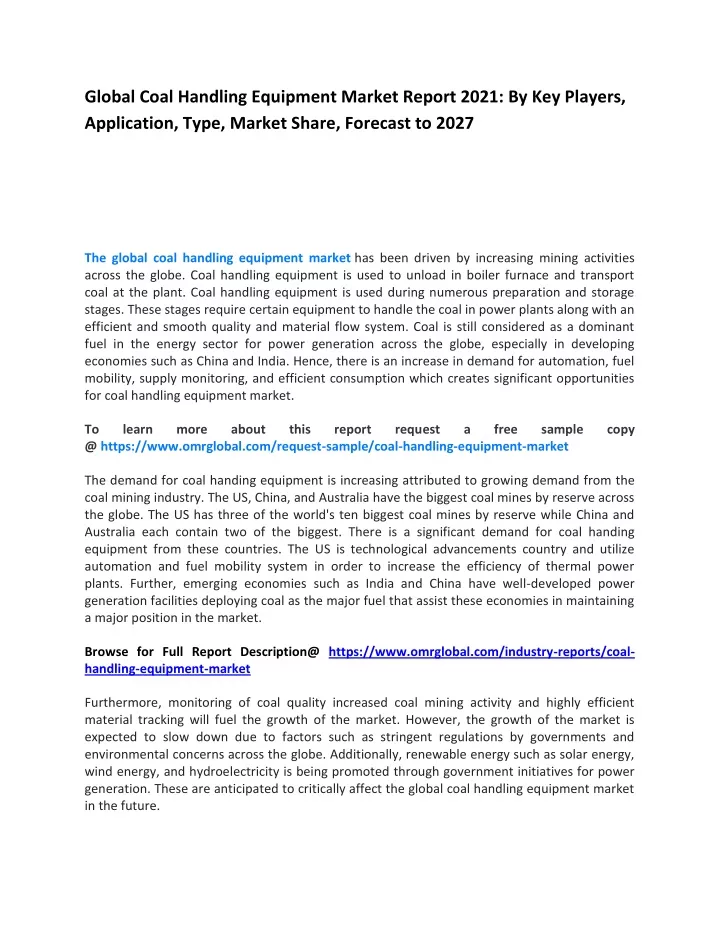 global coal handling equipment market report 2021