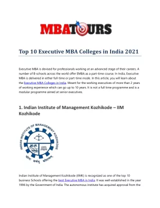 Top 10 Executive MBA Colleges in India 2021