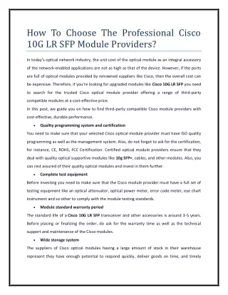 How To Choose The Professional Cisco 10G LR SFP Module Providers