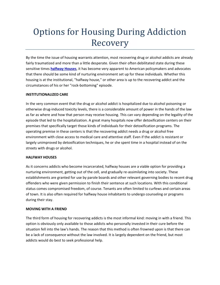 options for housing during addiction recovery