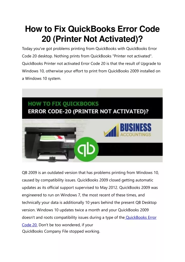 how to fix quickbooks error code 20 printer