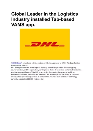 Global Leader in the Logistics Industry installed Tab-based VAMS app.