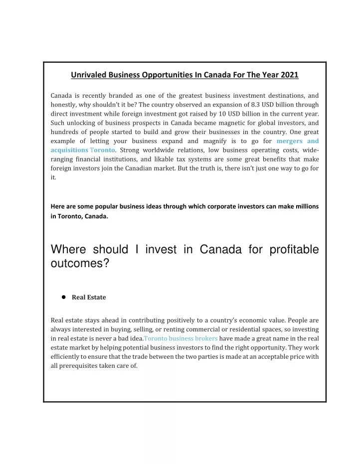 unrivaled business opportunities in canada