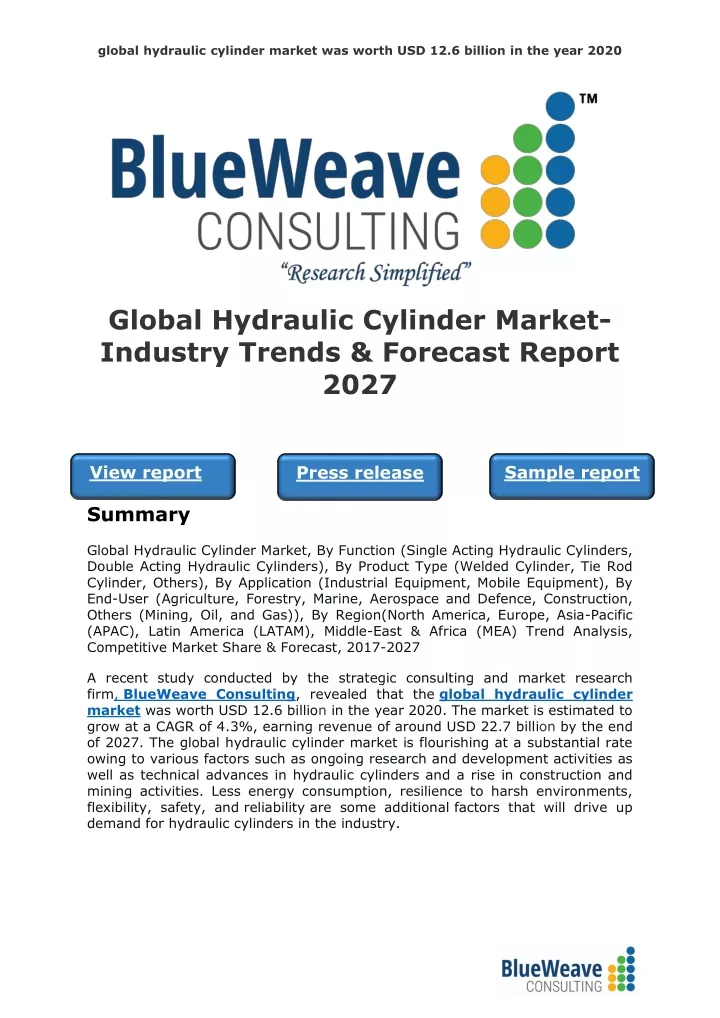 global hydraulic cylinder market was worth
