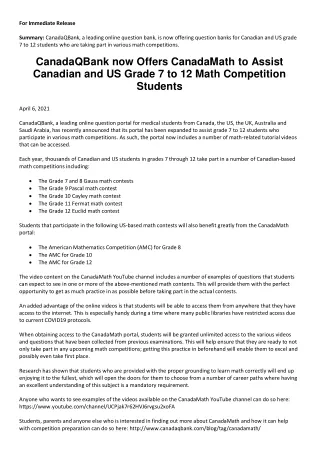 CanadaQBank now Offers CanadaMath to Assist Canadian and US Grade 7 to 12 Math C