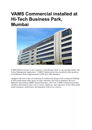 VAMS Commercial installed at Hi-Tech Business Park, Mumbai