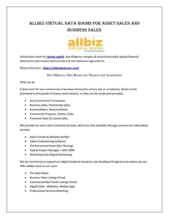 allbiz virtual data rooms for asset sales