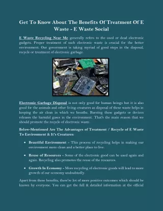 Get To Know About The Benefits Of Treatment Of E Waste - E Waste Social